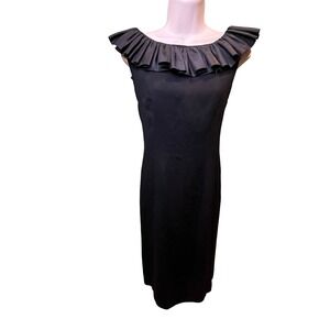 Vintage Black Ruffle Portrait Neckline Sheath Dress with Back Bow Detail
